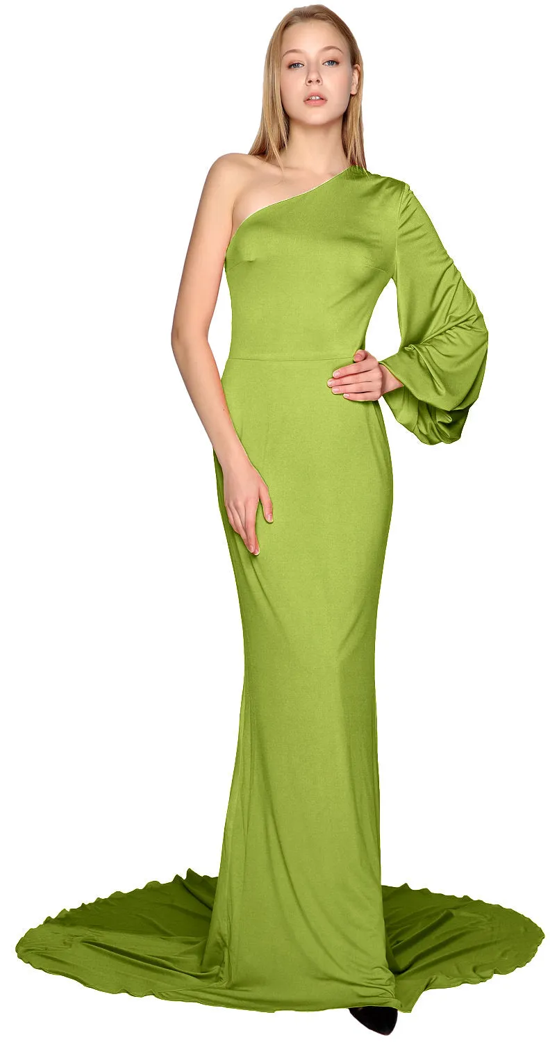 MACloth Mermaid Prom Dresses One Shoulder Long Sleeves Jersey Formal Evening Gown