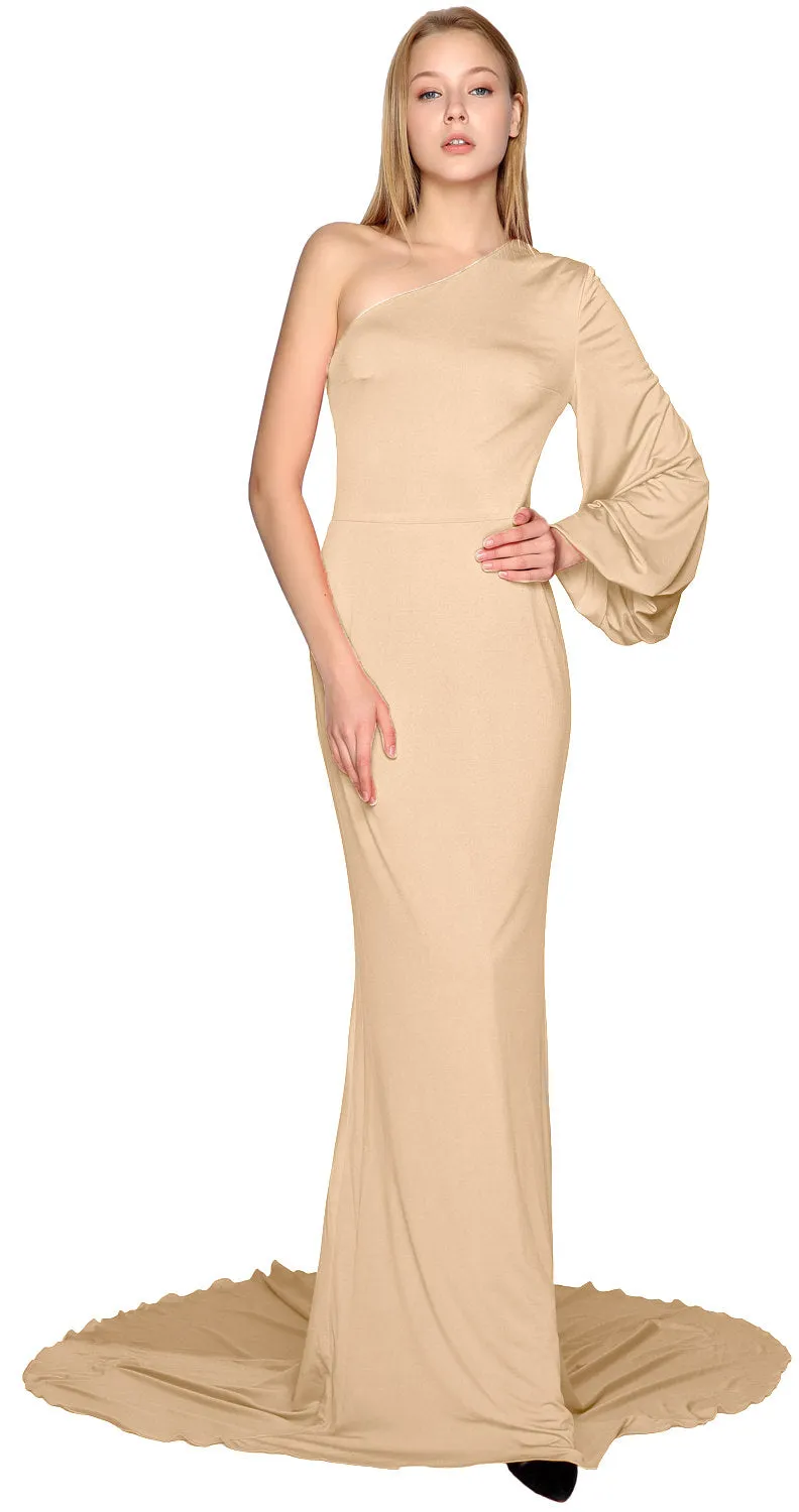 MACloth Mermaid Prom Dresses One Shoulder Long Sleeves Jersey Formal Evening Gown