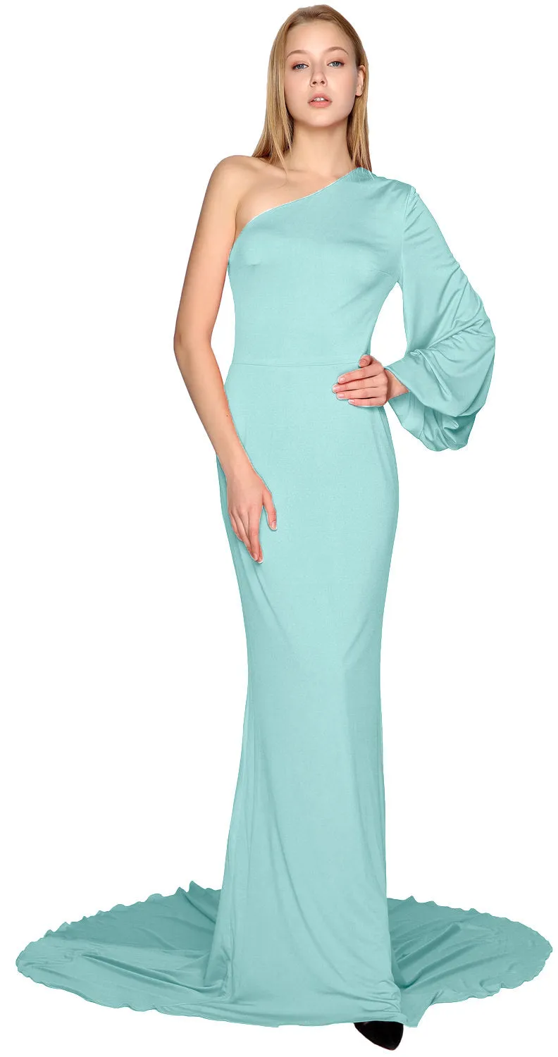 MACloth Mermaid Prom Dresses One Shoulder Long Sleeves Jersey Formal Evening Gown