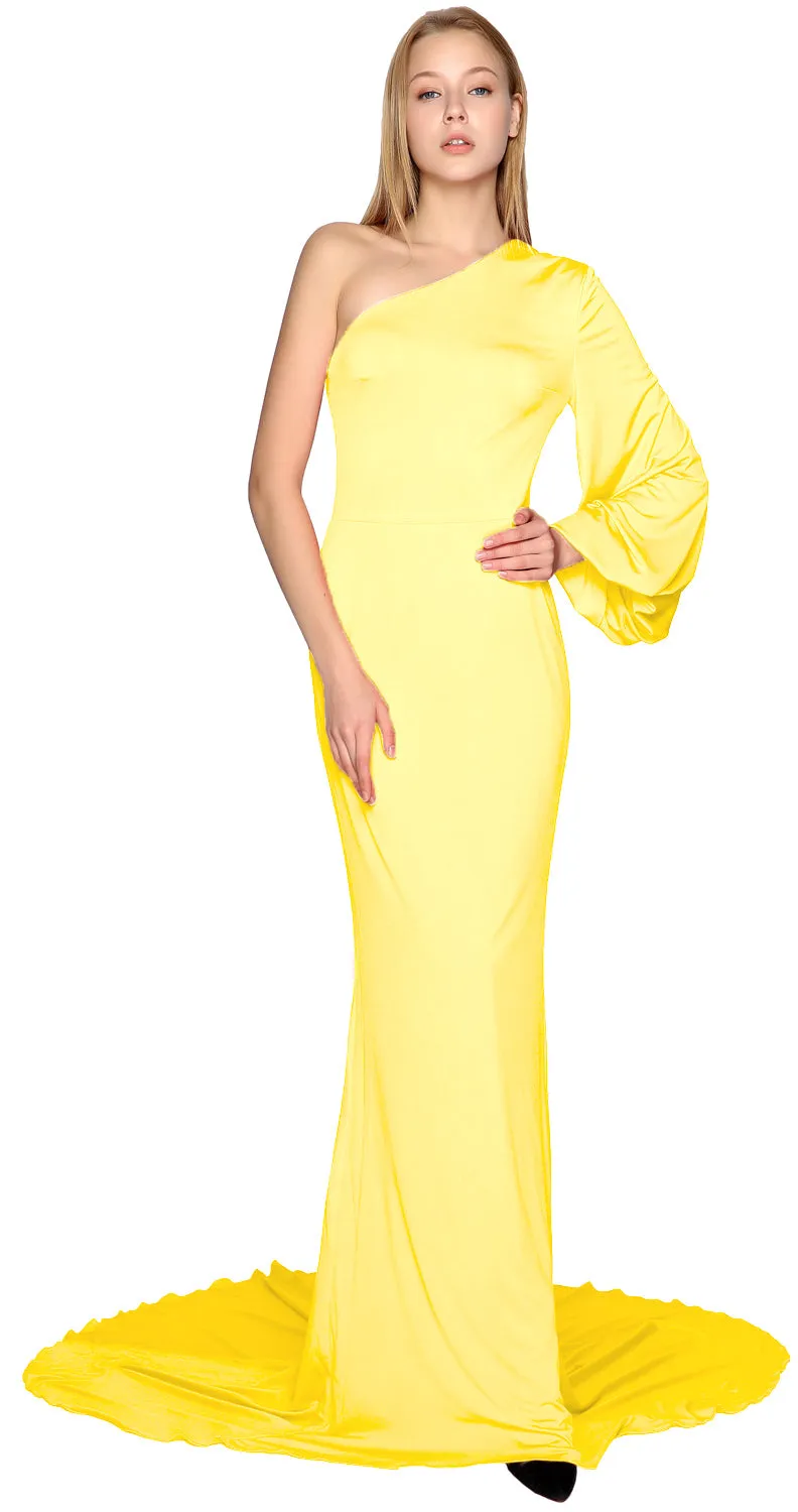 MACloth Mermaid Prom Dresses One Shoulder Long Sleeves Jersey Formal Evening Gown