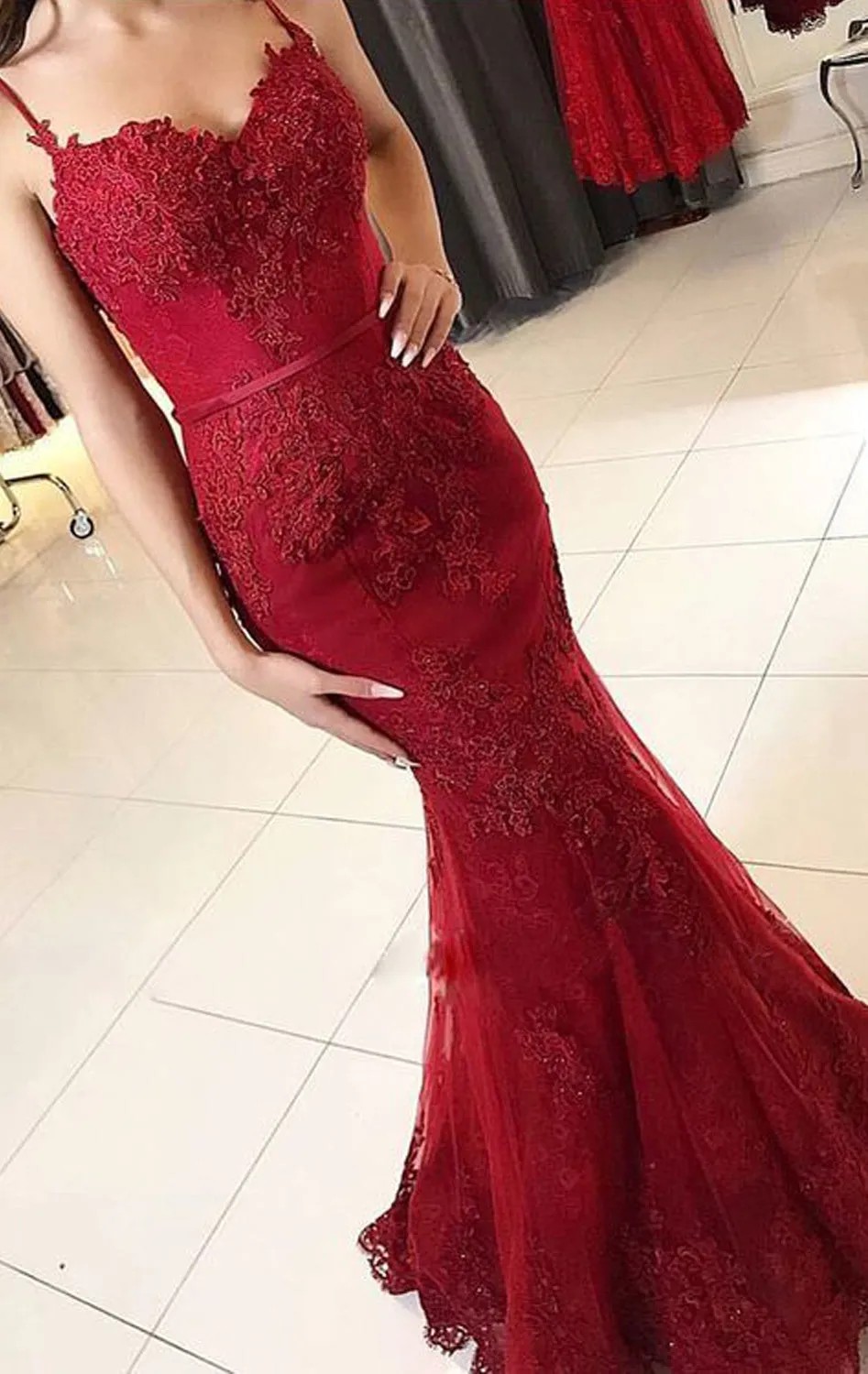 MACloth Mermaid Spaghetti Straps Lace Long Prom Dress Red Formal Evening Gown
