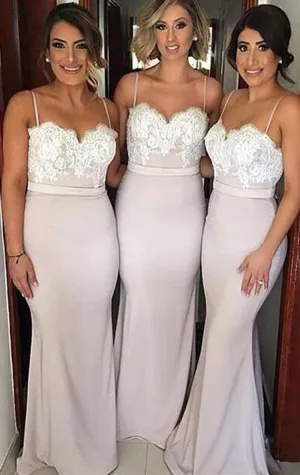 MACloth Mermaid Spaghetti Straps Long Bridesmaid Dress Pink Prom Formal Gown