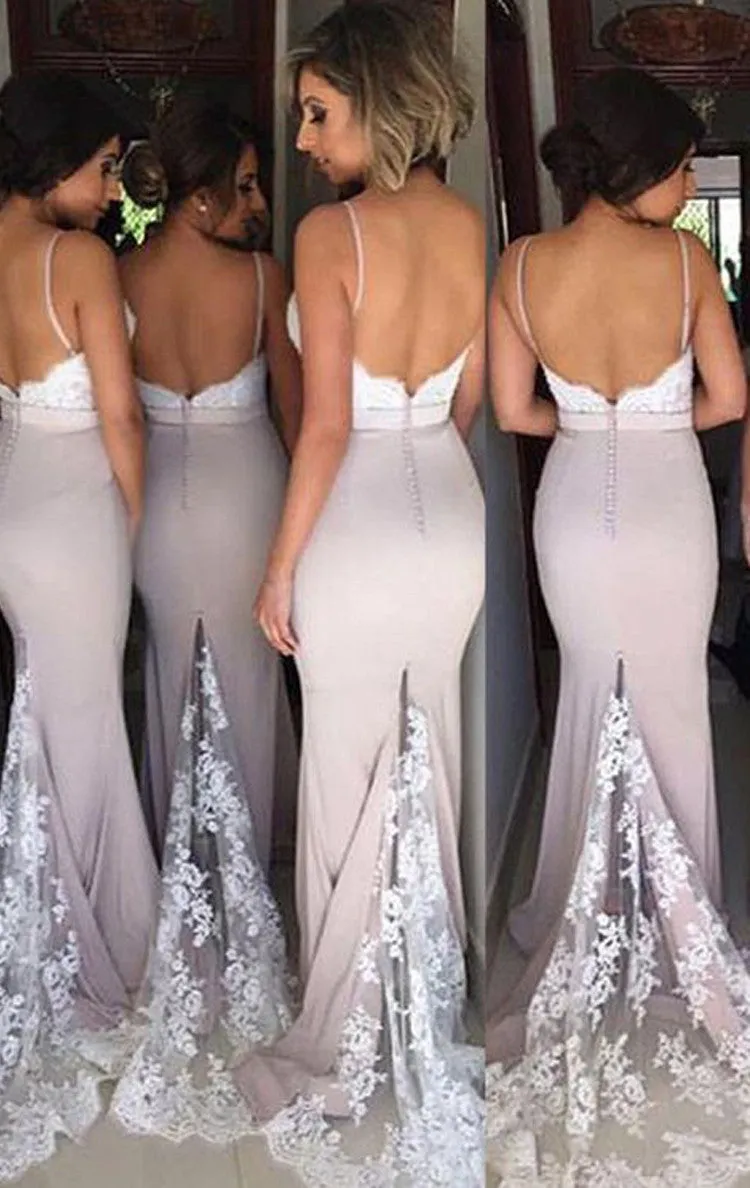 MACloth Mermaid Spaghetti Straps Long Bridesmaid Dress Pink Prom Formal Gown