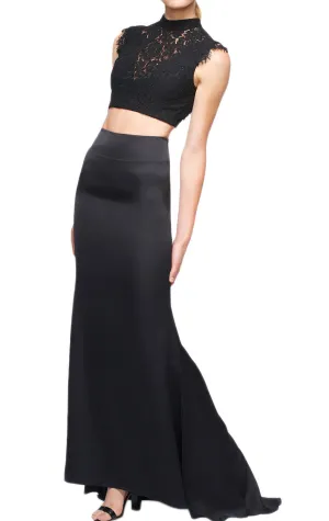 MACloth Mermaid Two Piece Lace Jersey Long Prom Dress Black Formal Gown