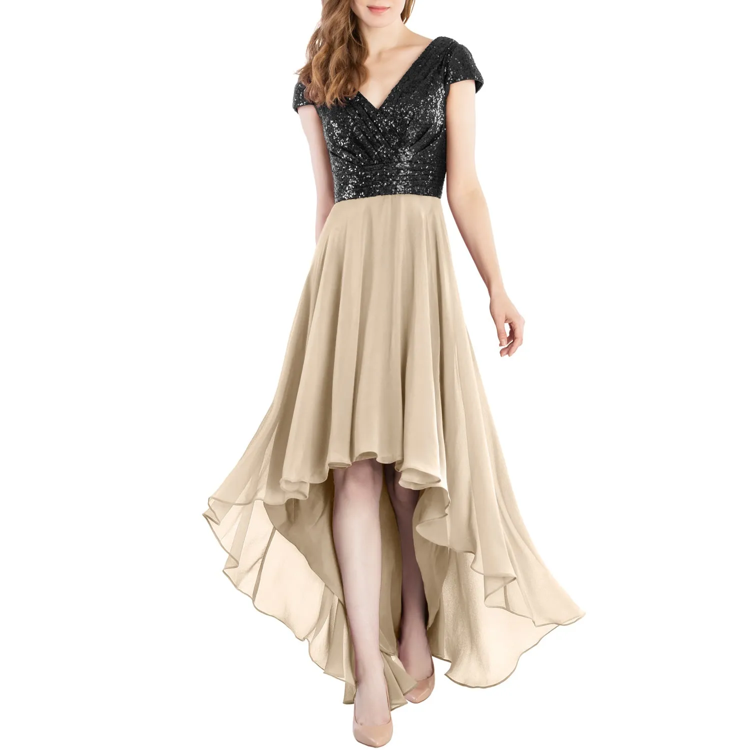 MACloth Mother of Bride Dresses Cap Sleeves High Low Sequin Wedding Formal Gown
