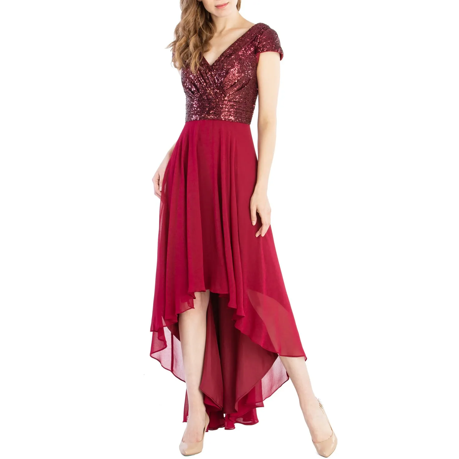MACloth Mother of Bride Dresses Cap Sleeves High Low Sequin Wedding Formal Gown