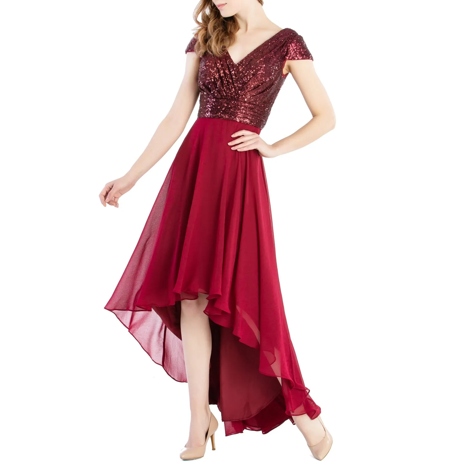MACloth Mother of Bride Dresses Cap Sleeves High Low Sequin Wedding Formal Gown