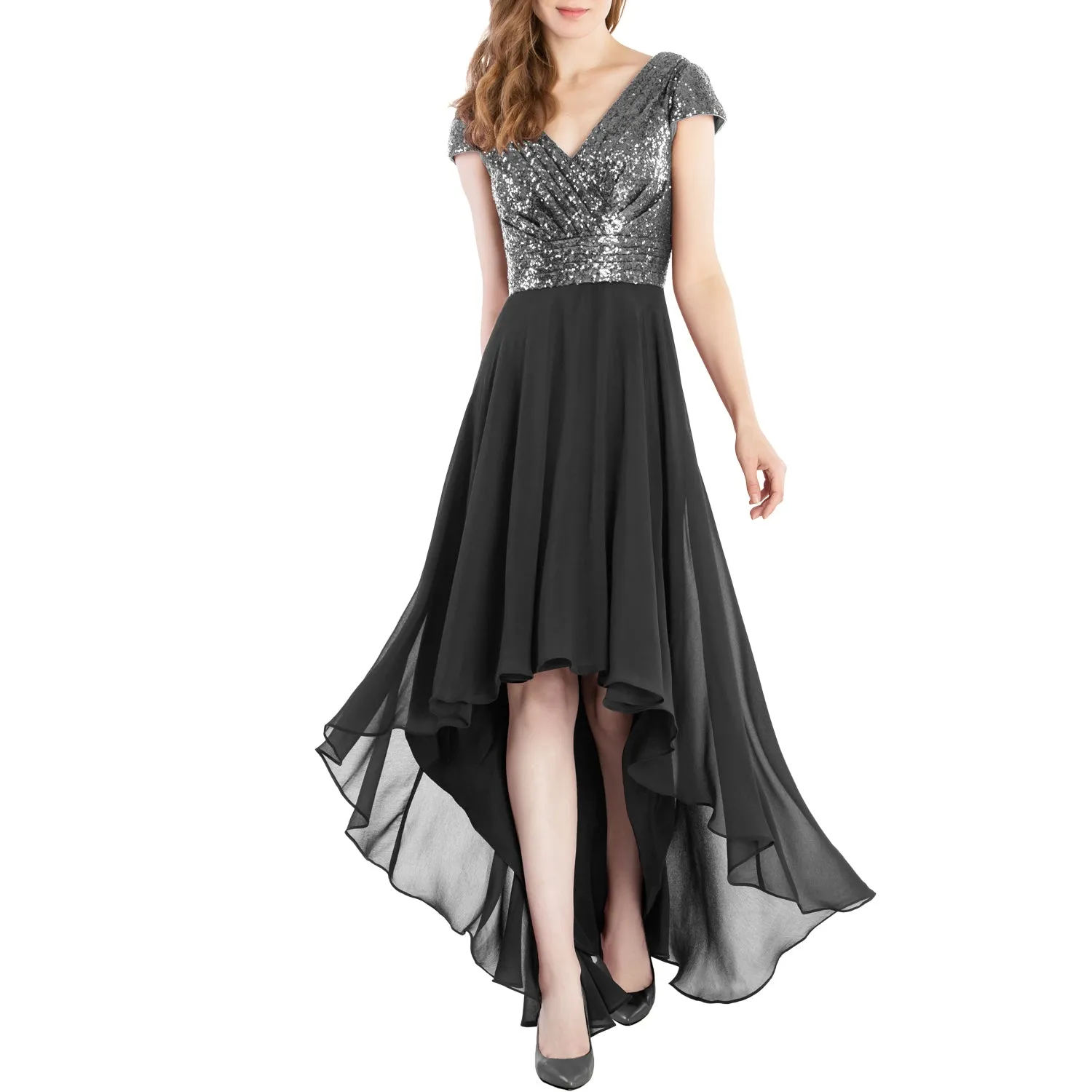 MACloth Mother of Bride Dresses Cap Sleeves High Low Sequin Wedding Formal Gown