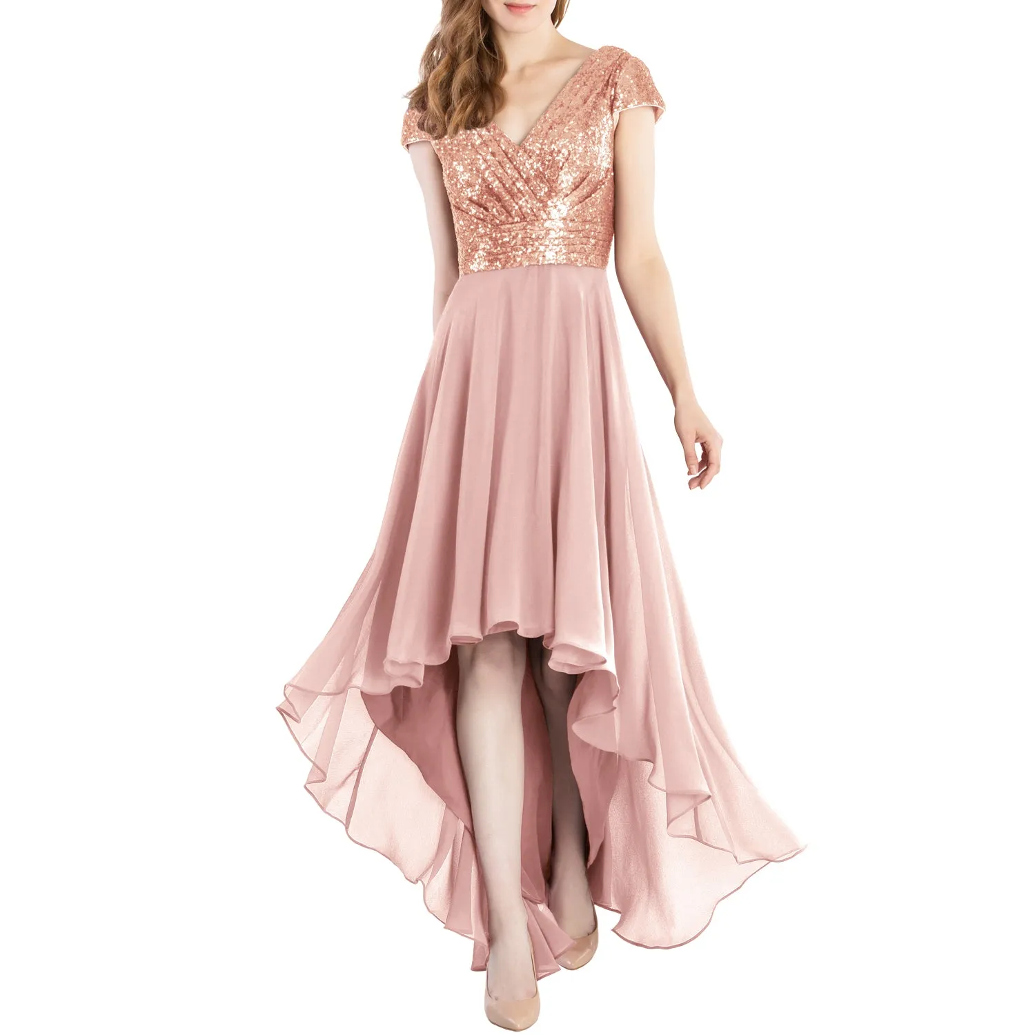 MACloth Mother of Bride Dresses Cap Sleeves High Low Sequin Wedding Formal Gown