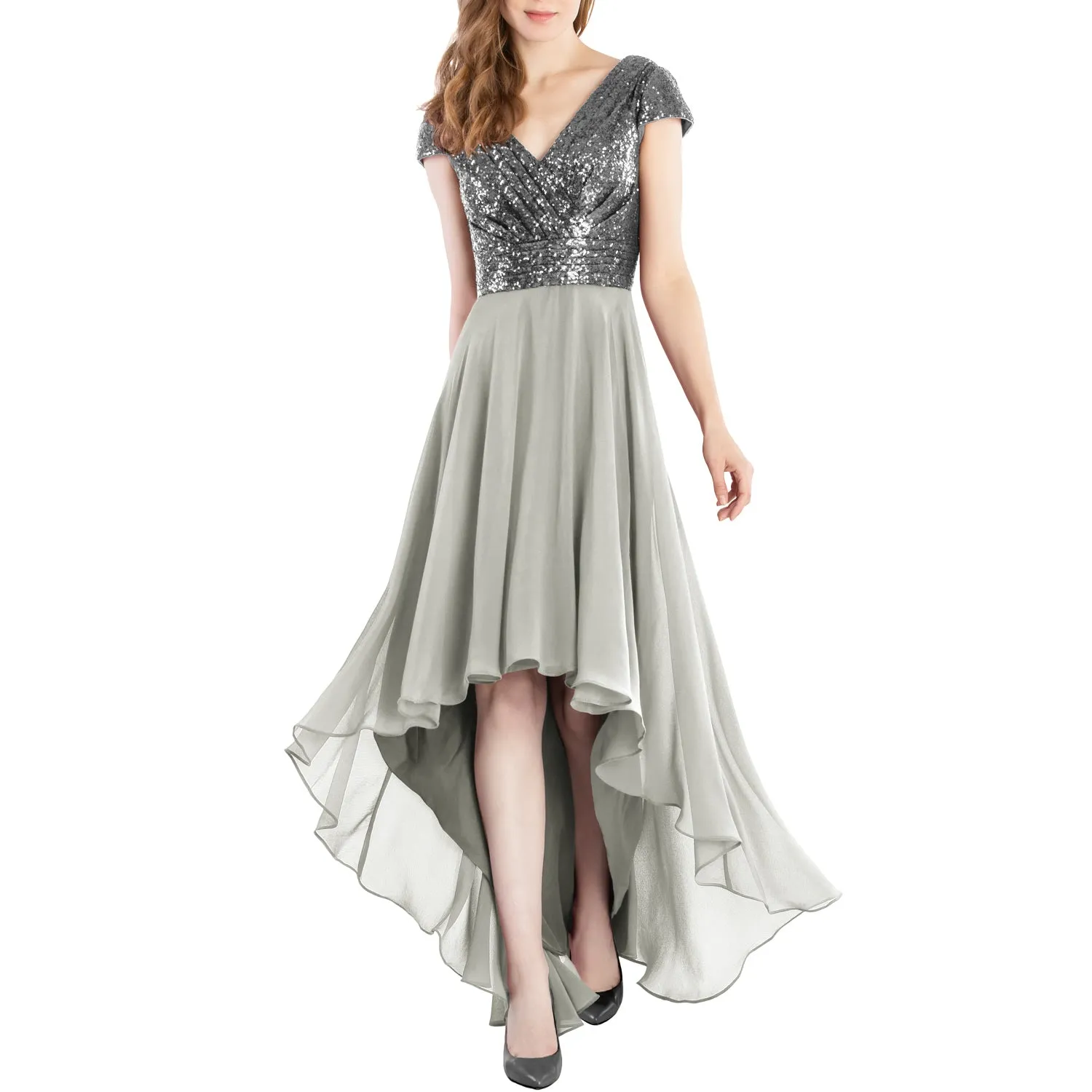 MACloth Mother of Bride Dresses Cap Sleeves High Low Sequin Wedding Formal Gown