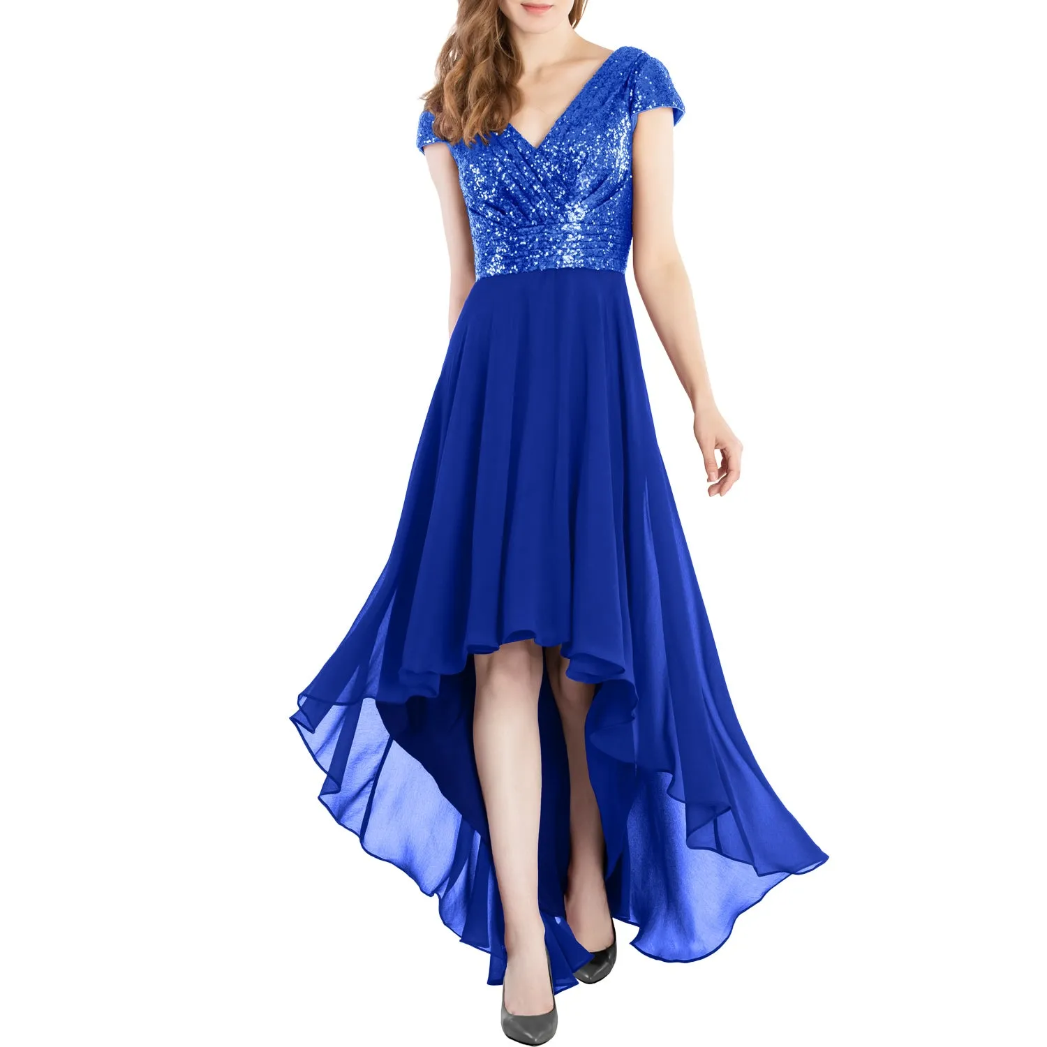 MACloth Mother of Bride Dresses Cap Sleeves High Low Sequin Wedding Formal Gown