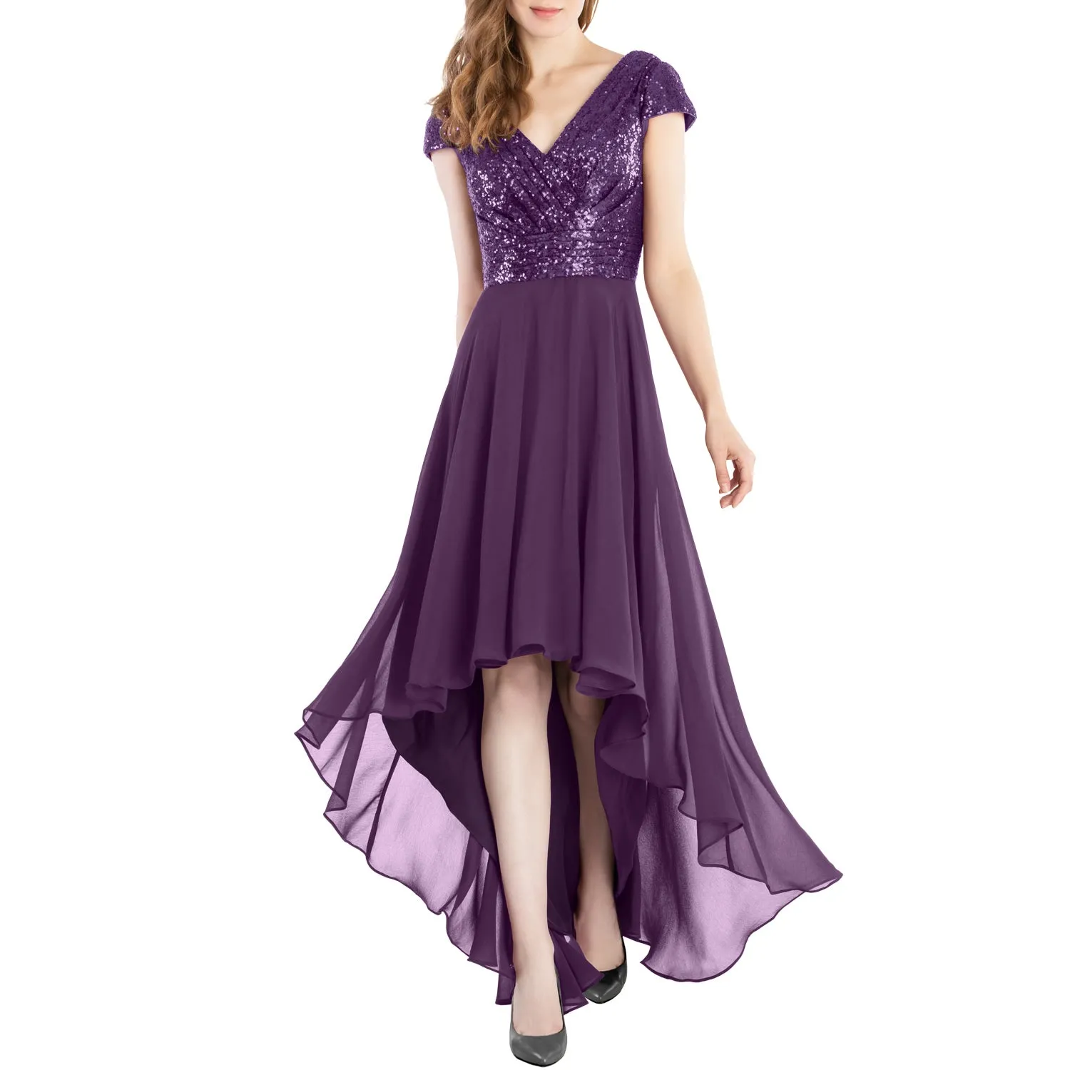 MACloth Mother of Bride Dresses Cap Sleeves High Low Sequin Wedding Formal Gown