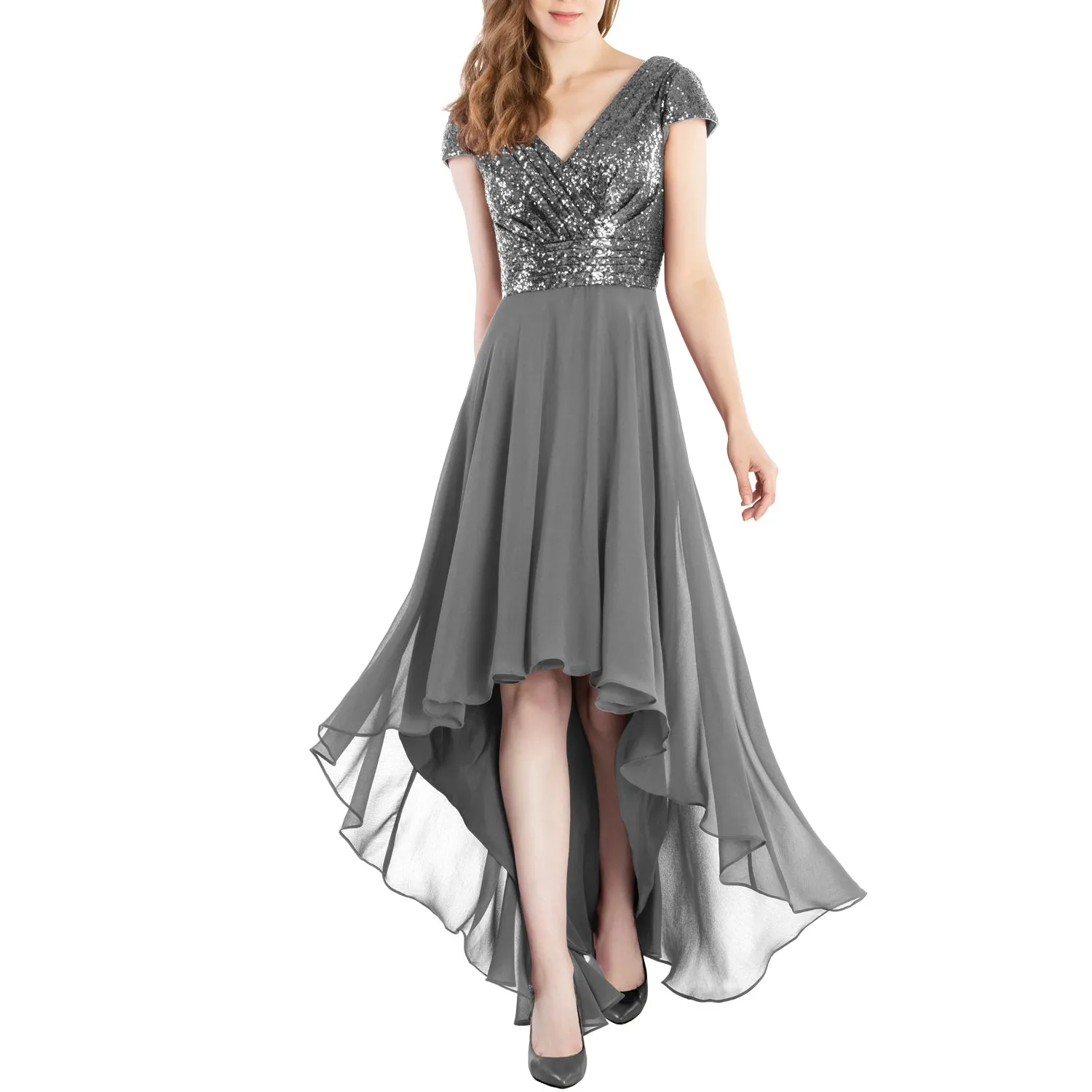 MACloth Mother of Bride Dresses Cap Sleeves High Low Sequin Wedding Formal Gown