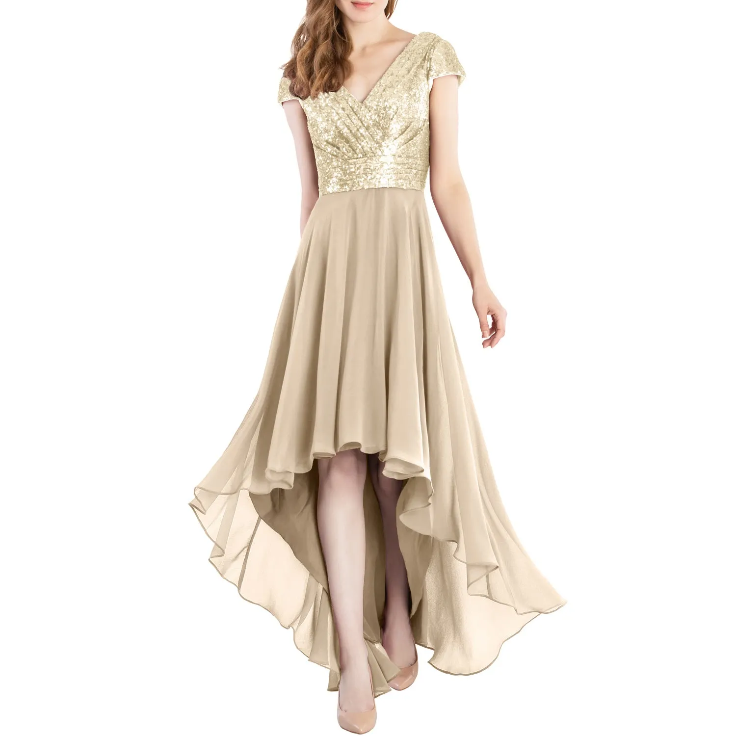 MACloth Mother of Bride Dresses Cap Sleeves High Low Sequin Wedding Formal Gown