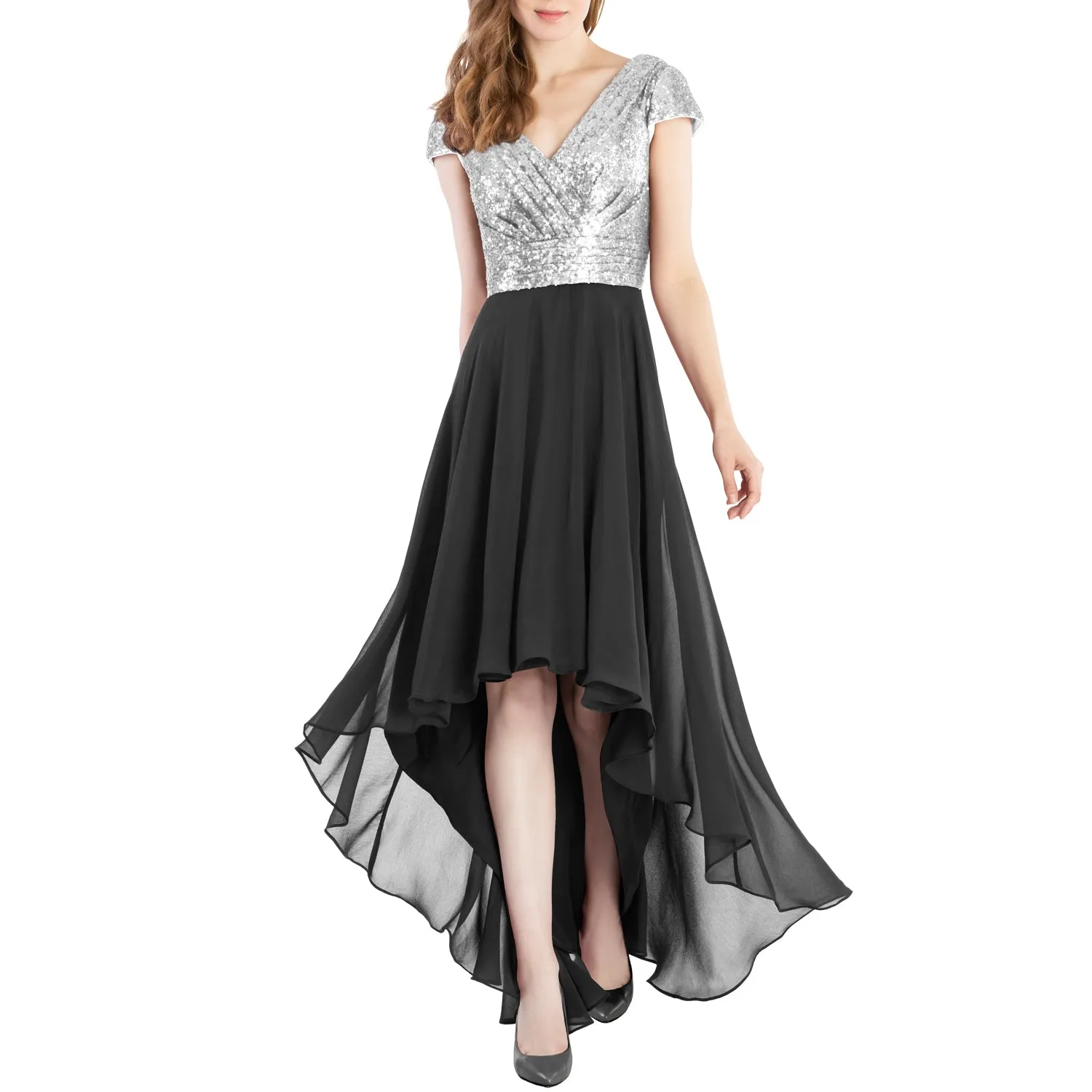 MACloth Mother of Bride Dresses Cap Sleeves High Low Sequin Wedding Formal Gown