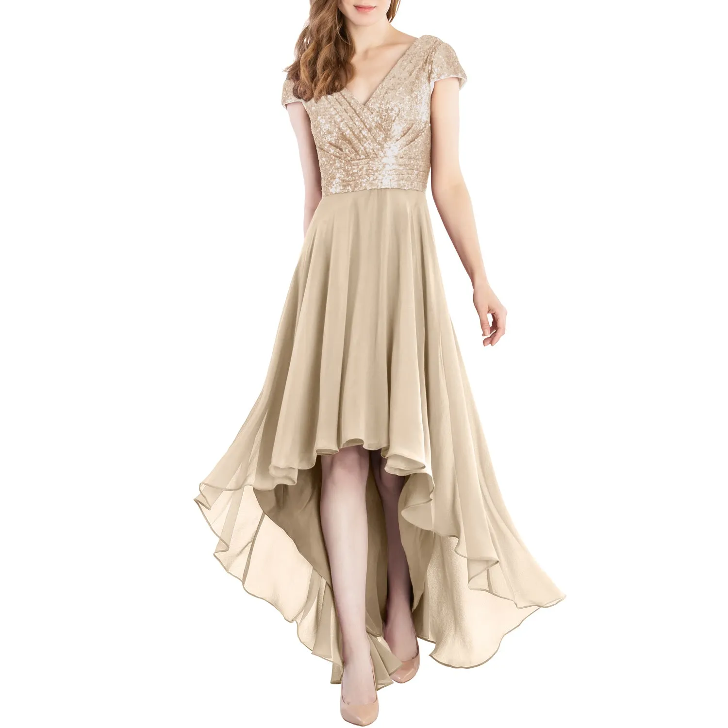 MACloth Mother of Bride Dresses Cap Sleeves High Low Sequin Wedding Formal Gown