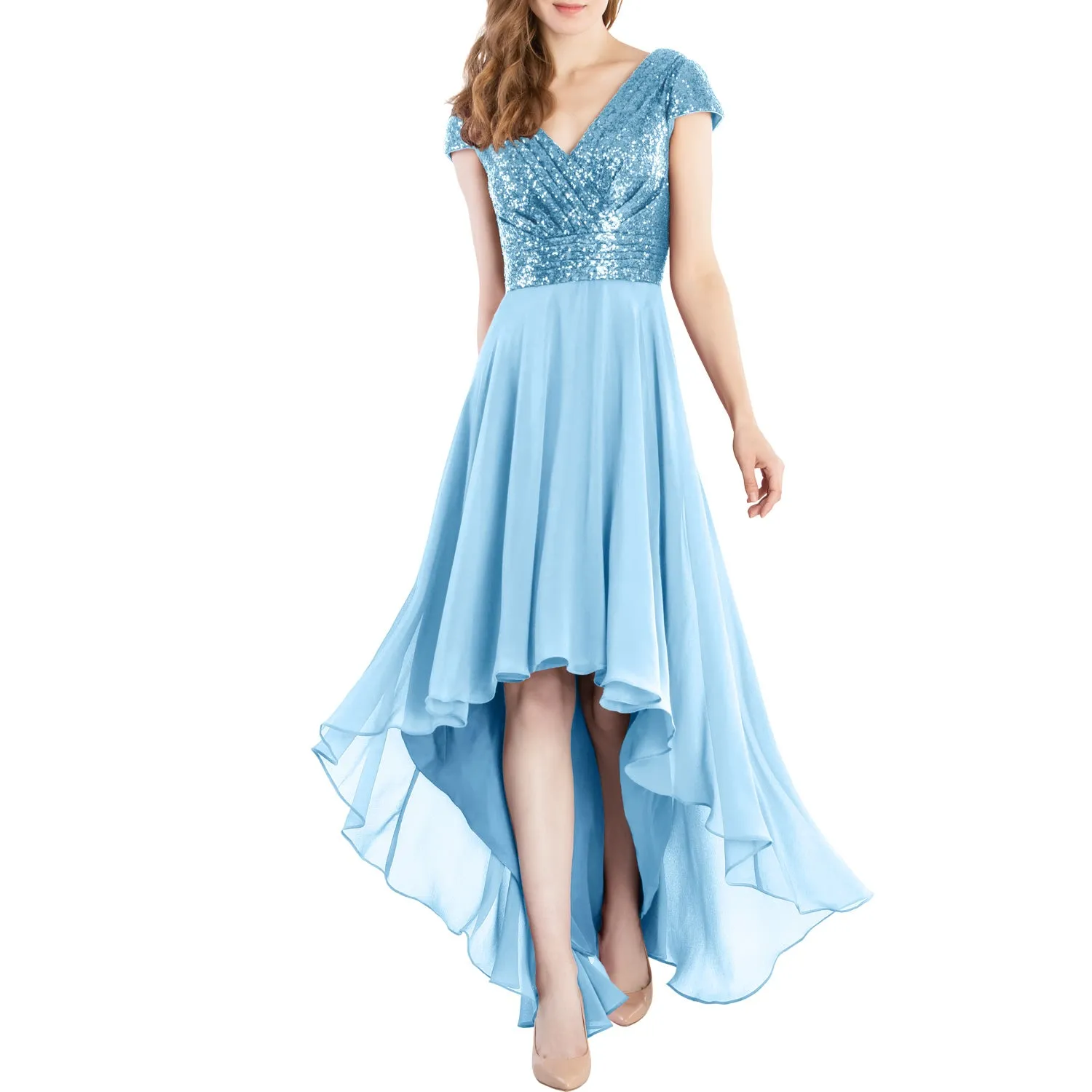 MACloth Mother of Bride Dresses Cap Sleeves High Low Sequin Wedding Formal Gown