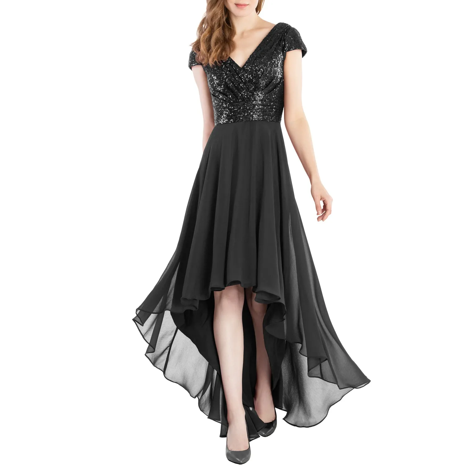 MACloth Mother of Bride Dresses Cap Sleeves High Low Sequin Wedding Formal Gown