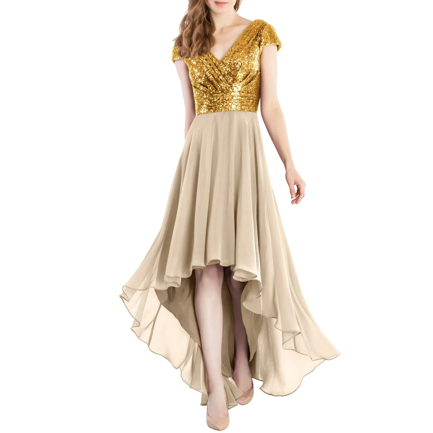 MACloth Mother of Bride Dresses Cap Sleeves High Low Sequin Wedding Formal Gown