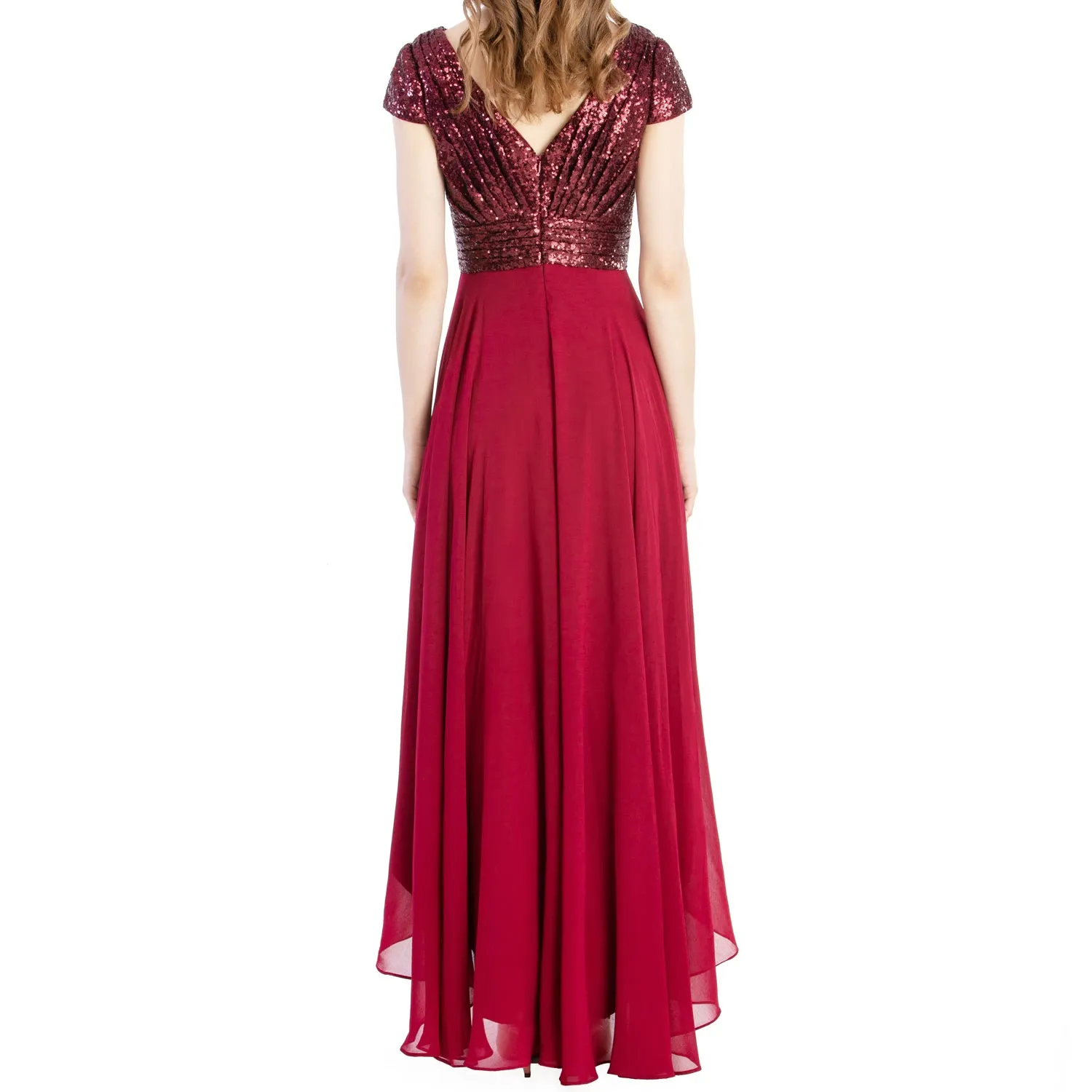 MACloth Mother of Bride Dresses Cap Sleeves High Low Sequin Wedding Formal Gown