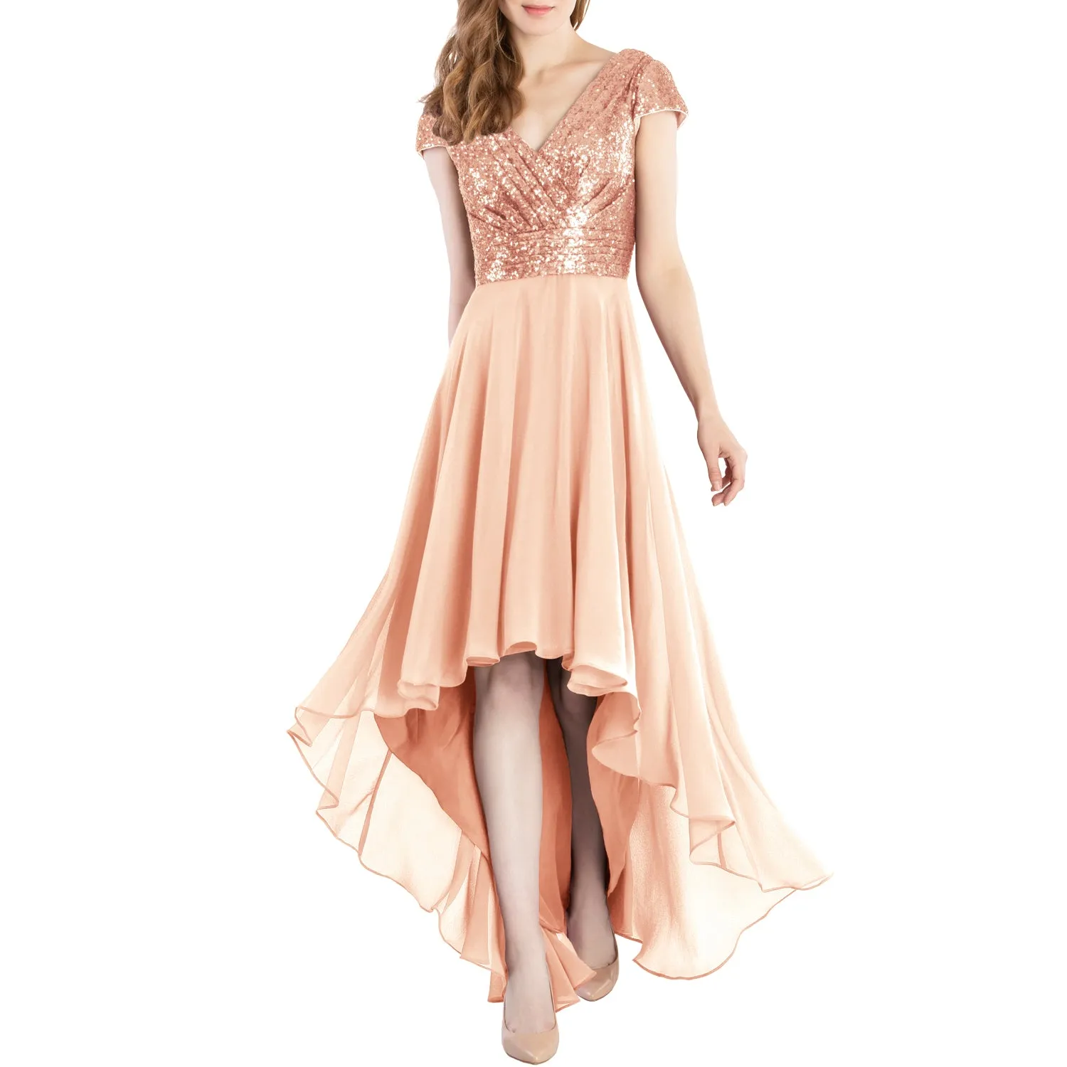 MACloth Mother of Bride Dresses Cap Sleeves High Low Sequin Wedding Formal Gown