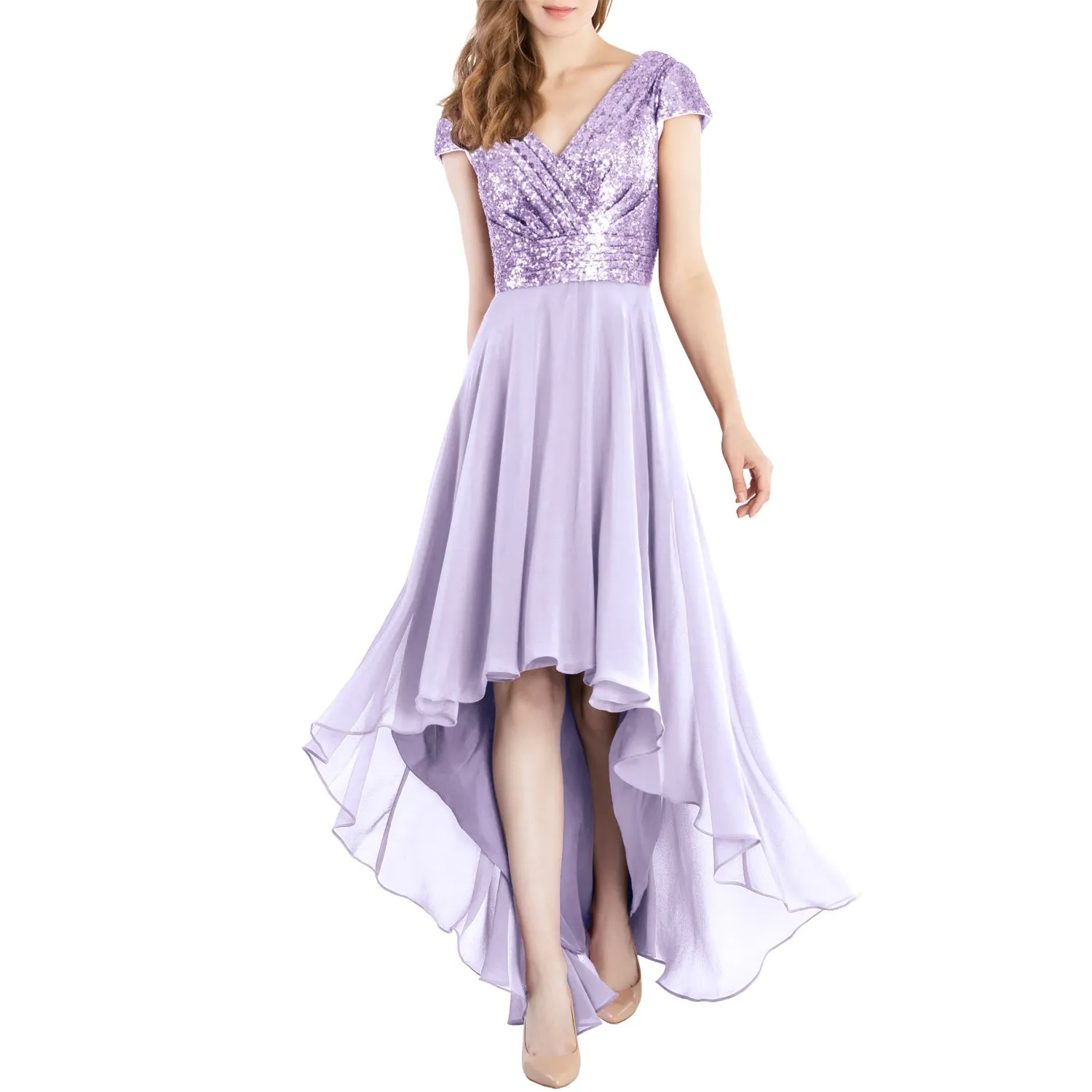 MACloth Mother of Bride Dresses Cap Sleeves High Low Sequin Wedding Formal Gown