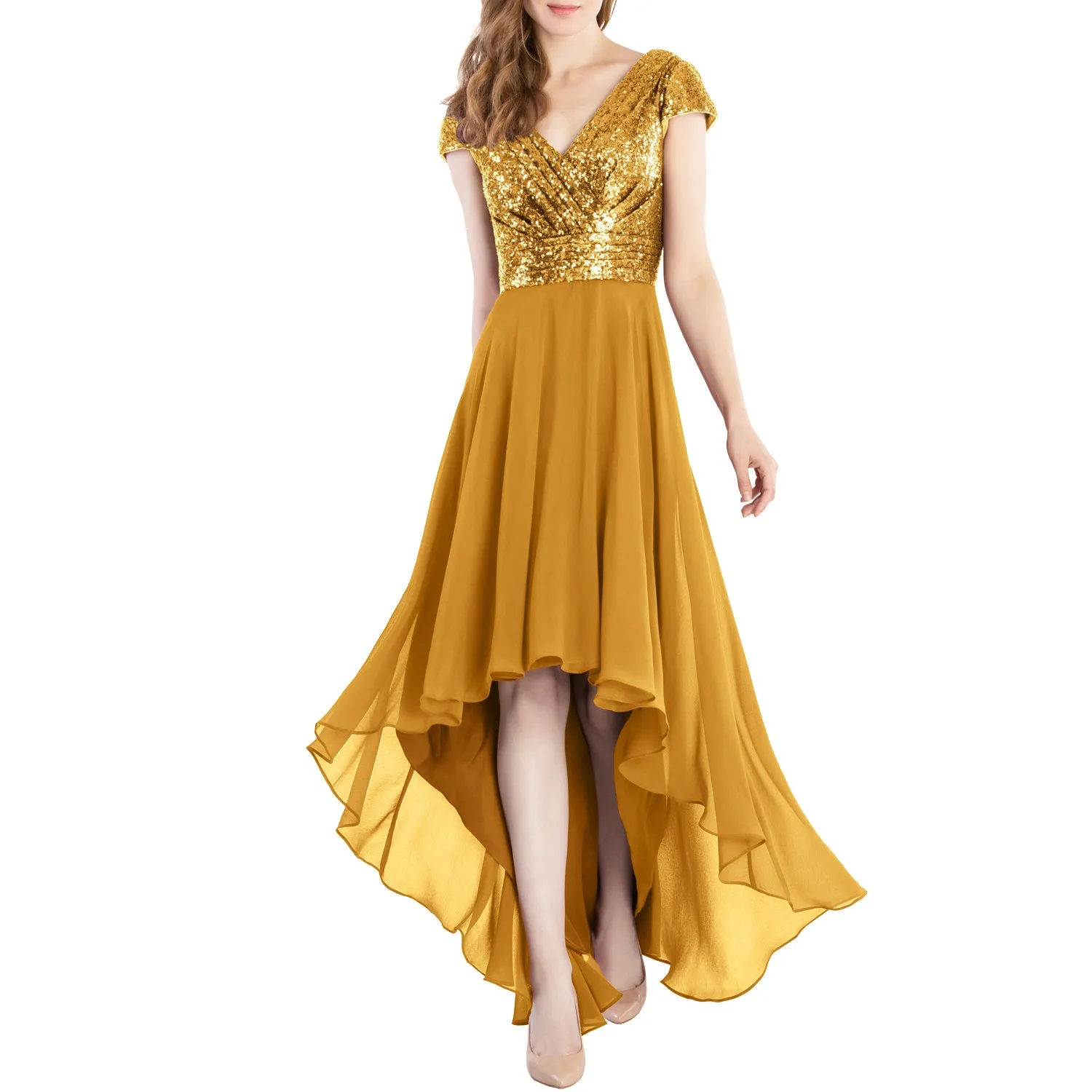 MACloth Mother of Bride Dresses Cap Sleeves High Low Sequin Wedding Formal Gown