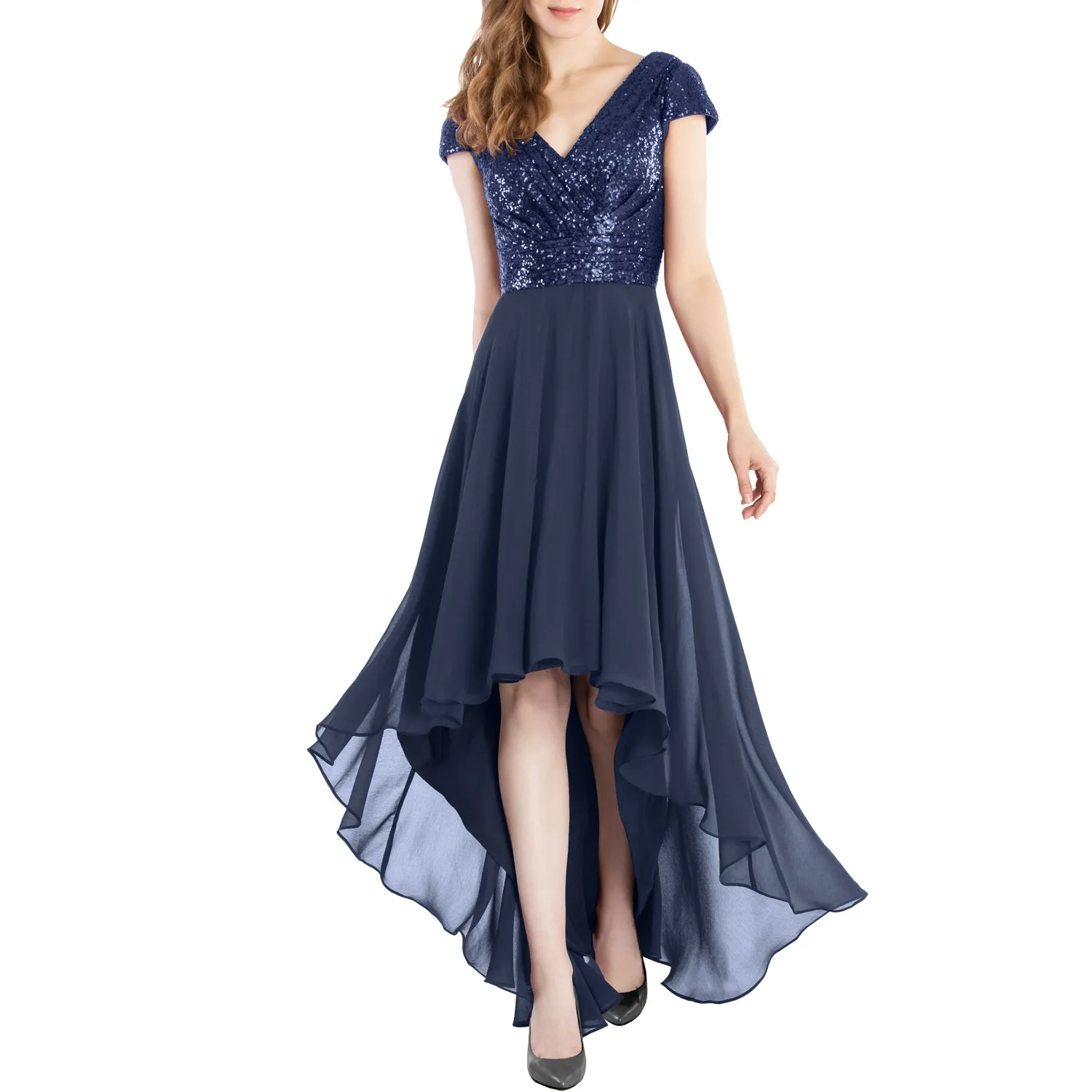MACloth Mother of Bride Dresses Cap Sleeves High Low Sequin Wedding Formal Gown