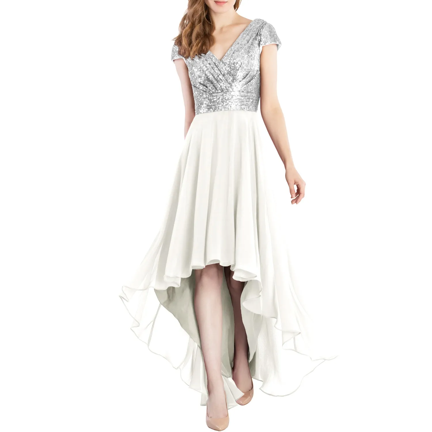 MACloth Mother of Bride Dresses Cap Sleeves High Low Sequin Wedding Formal Gown