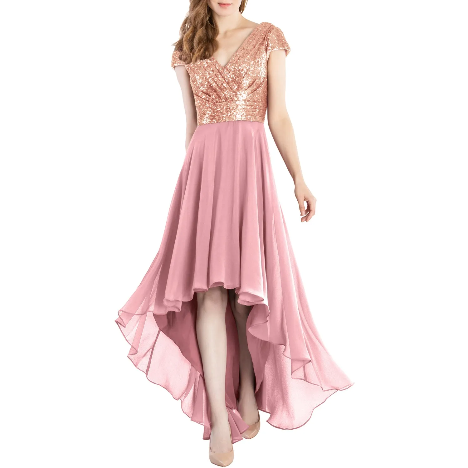 MACloth Mother of Bride Dresses Cap Sleeves High Low Sequin Wedding Formal Gown