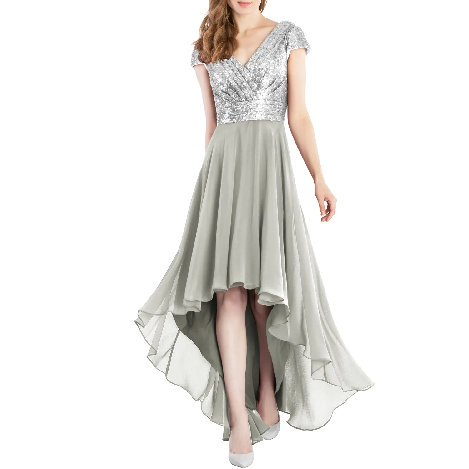 MACloth Mother of Bride Dresses Cap Sleeves High Low Sequin Wedding Formal Gown