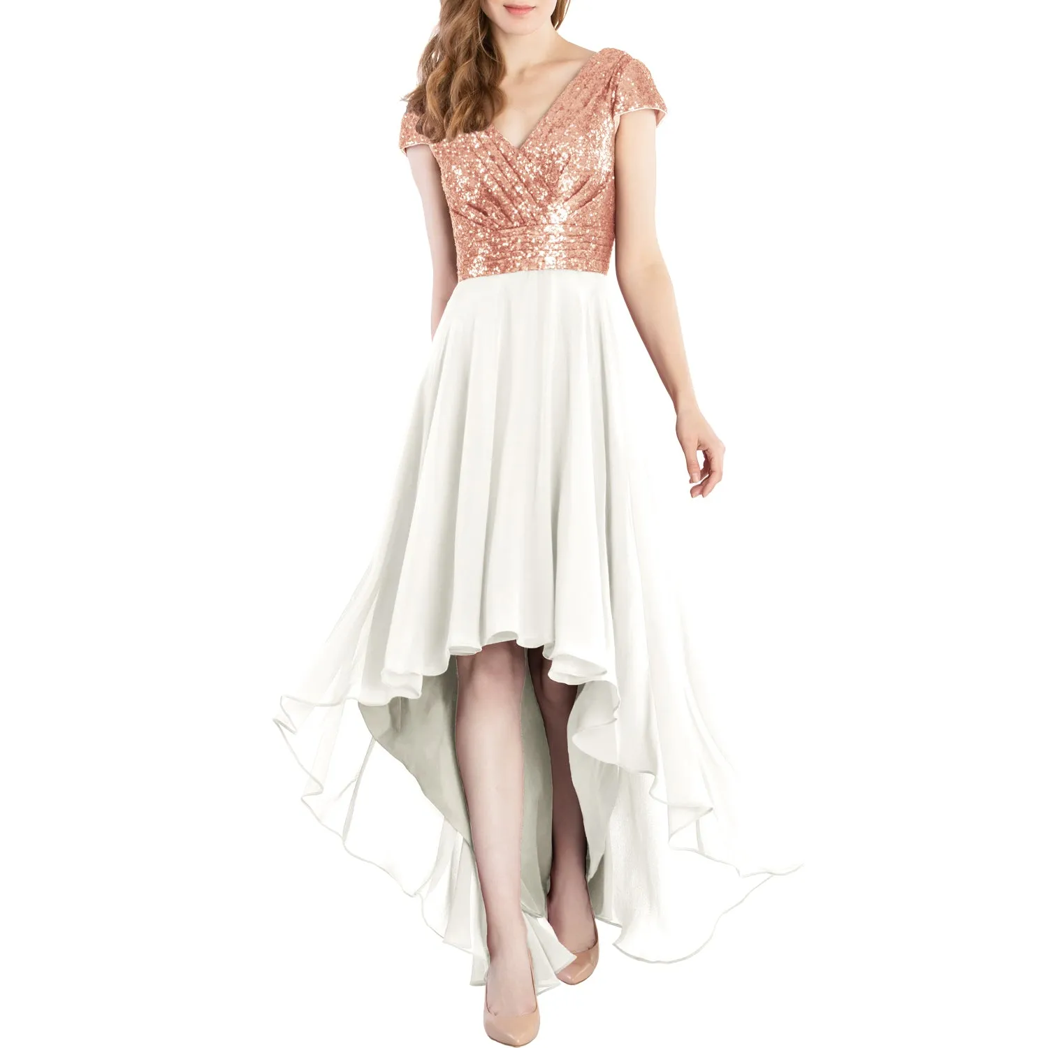 MACloth Mother of Bride Dresses Cap Sleeves High Low Sequin Wedding Formal Gown