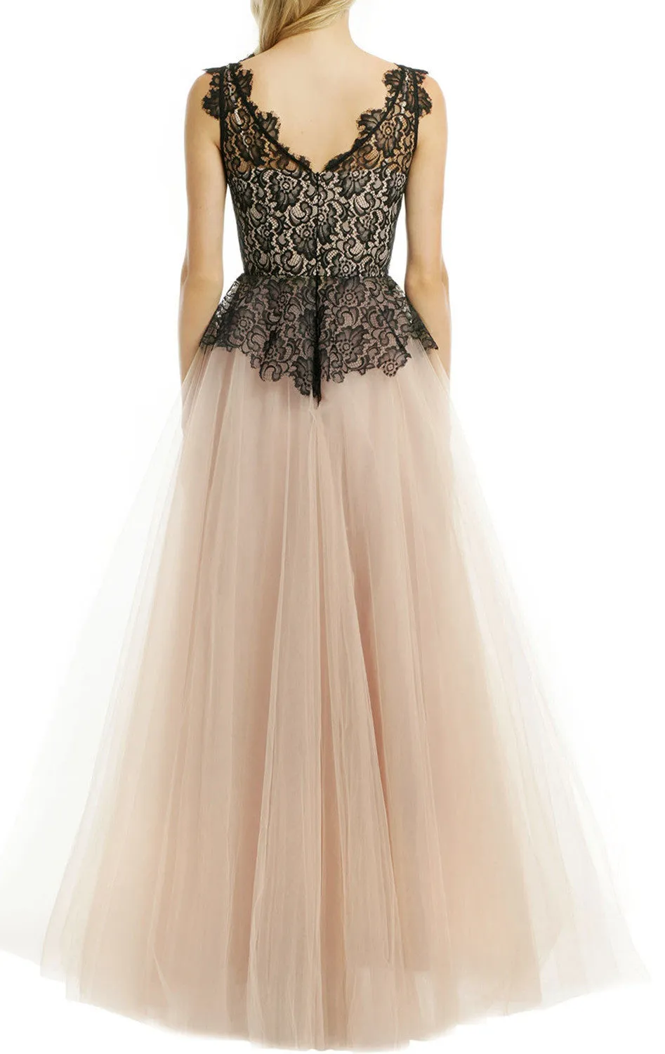MACloth O Neck Lace Tulle Long Prom Dress Champagne Black Ball Gown