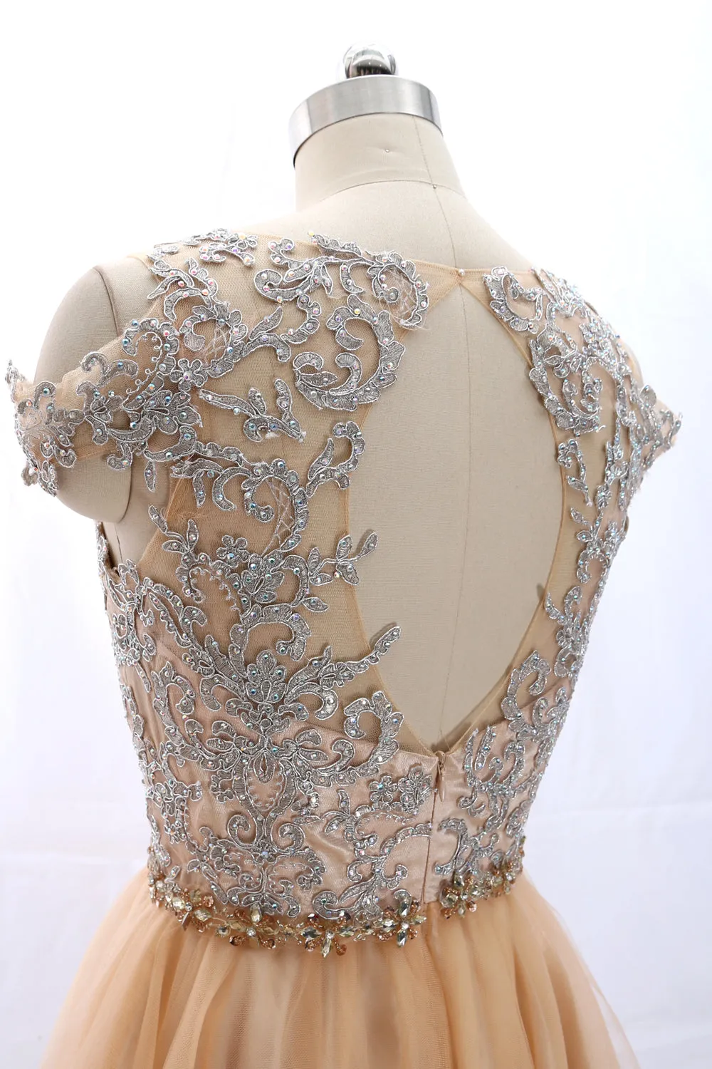 MACloth Off the Shoulder Lace Tulle Champagne Prom Homecoming Dress Cocktail Dress