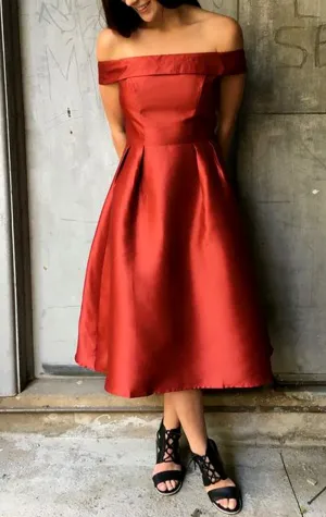 MACloth Off the Shoulder Midi Prom Homecoming Dress Coral Formal Evening Gown