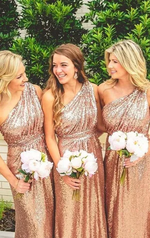 MACloth One Shoulder Sequin Long Bridesmaid Dress Rose Gold Formal Gown