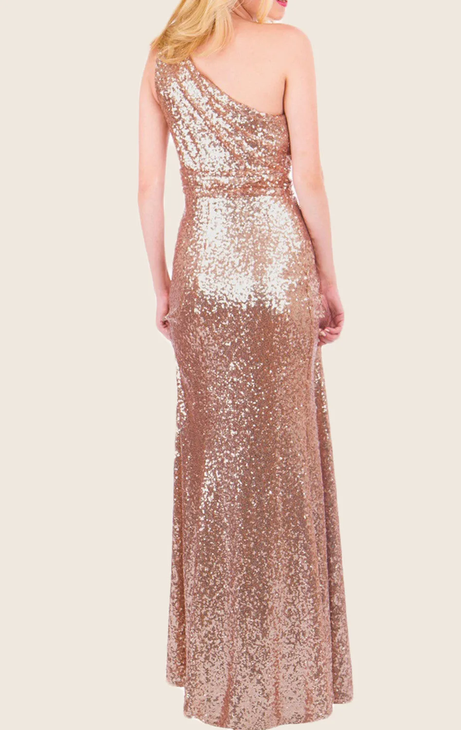 MACloth One Shoulder Sequin Long Bridesmaid Dress Rose Gold Formal Gown