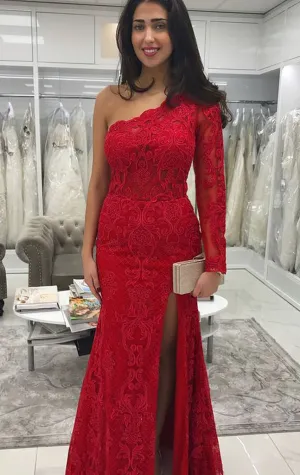 MACloth Sheath Long Sleeves One Shoulder Lace Prom Dress Red Wedding Party Evening Formal Gown