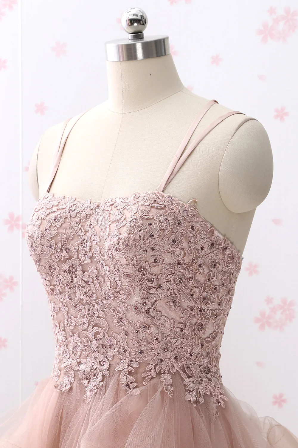 MACloth Spaghetti Straps Lace Tulle Mini Prom Homecoming Dress Vintage Party Formal Gown