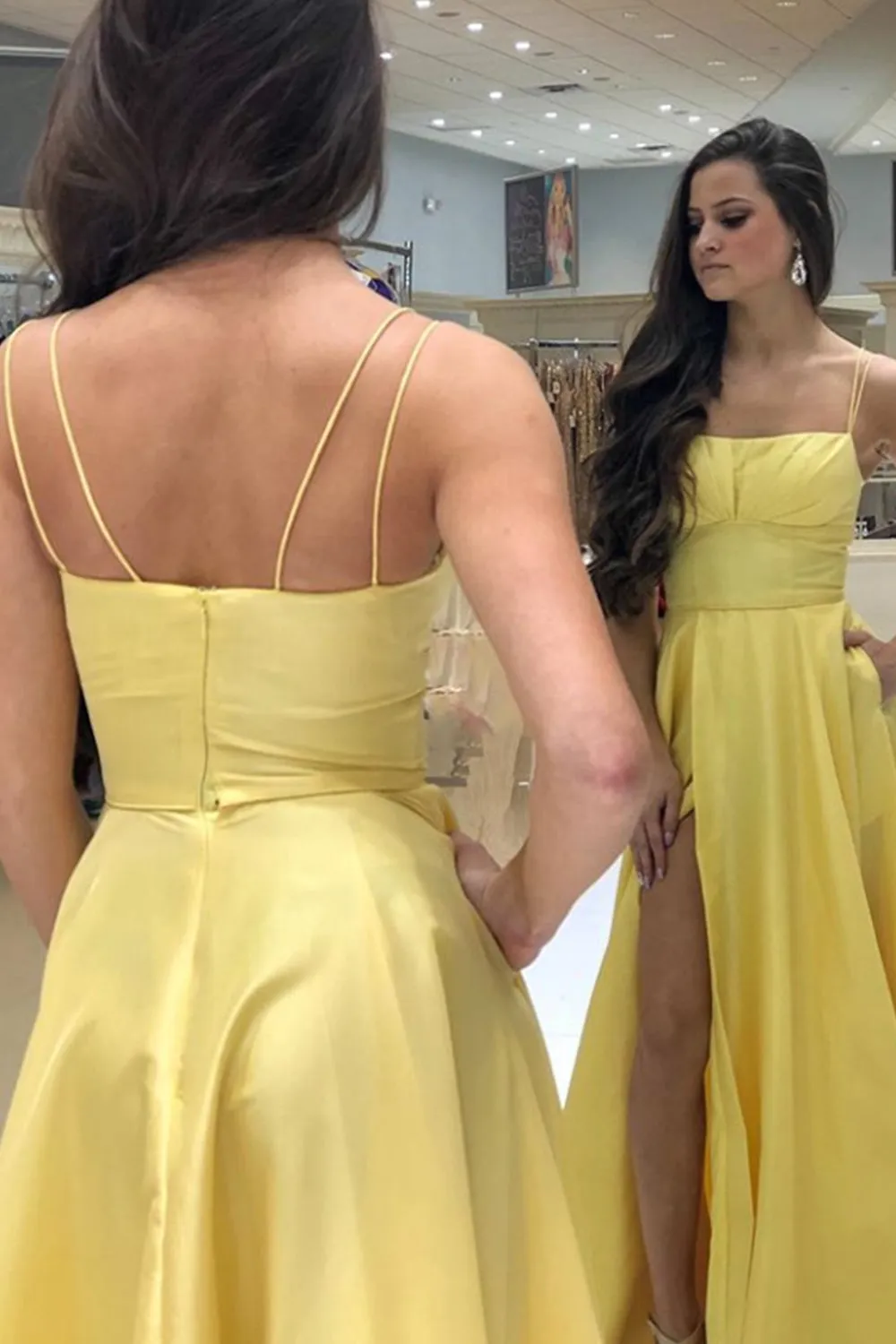 MACloth Spaghetti Straps Long Prom Dress Yellow Formal Evening Gown with Slit