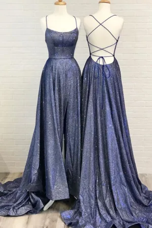 MACloth Spaghetti Straps Scoop Neck Long Prom Dress Navy Formal Evening Gown