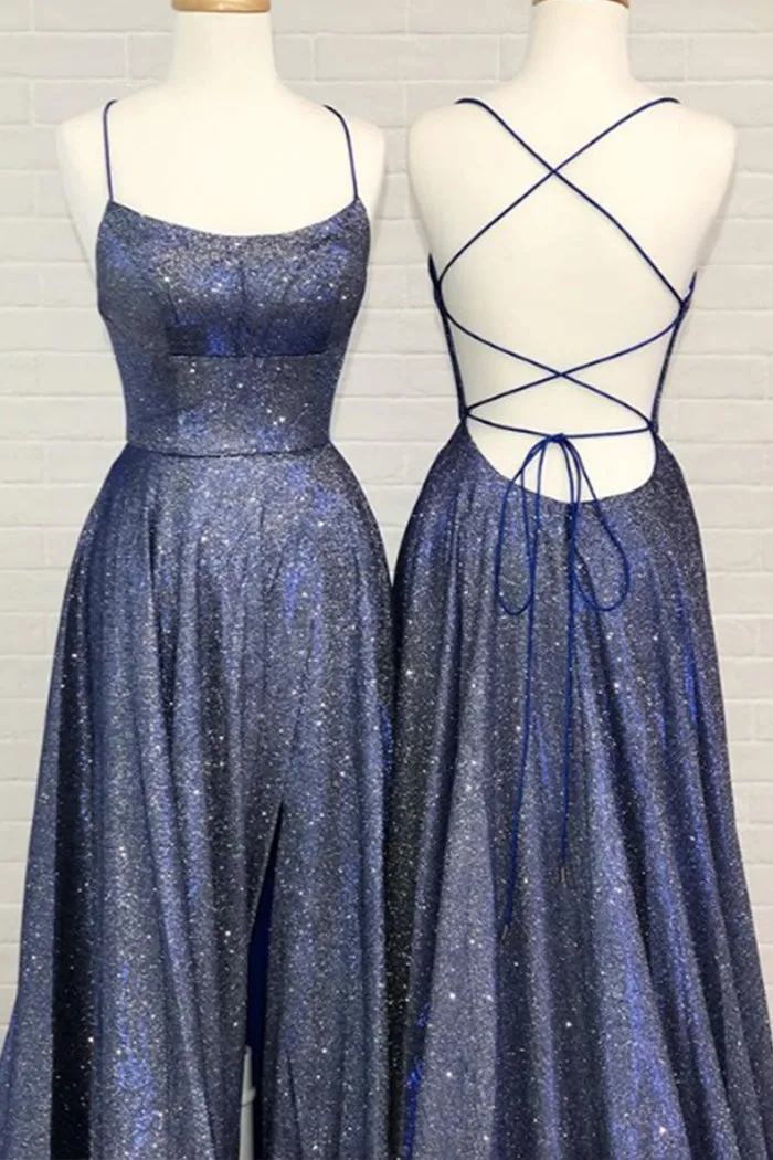 MACloth Spaghetti Straps Scoop Neck Long Prom Dress Navy Formal Evening Gown