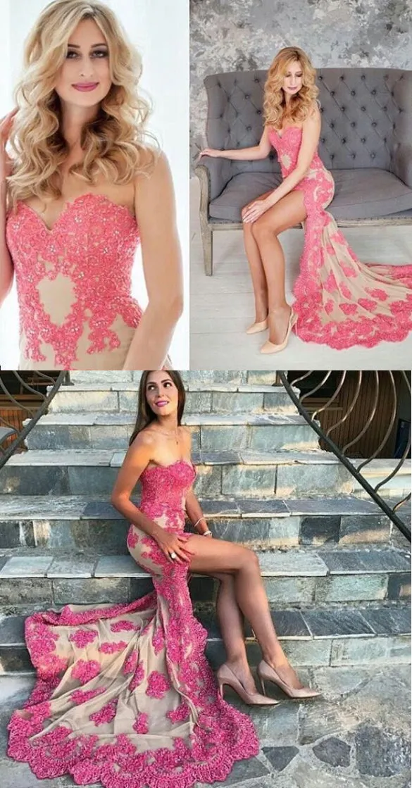 MACloth Strapless High Low Lace Prom Dress Ivory Formal Evening Gown