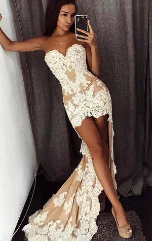MACloth Strapless High Low Lace Prom Dress Ivory Formal Evening Gown