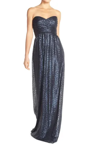 MACloth Strapless Sweetheart Sequin Long Bridesmaid Dress Dark Navy Evening Formal Gown