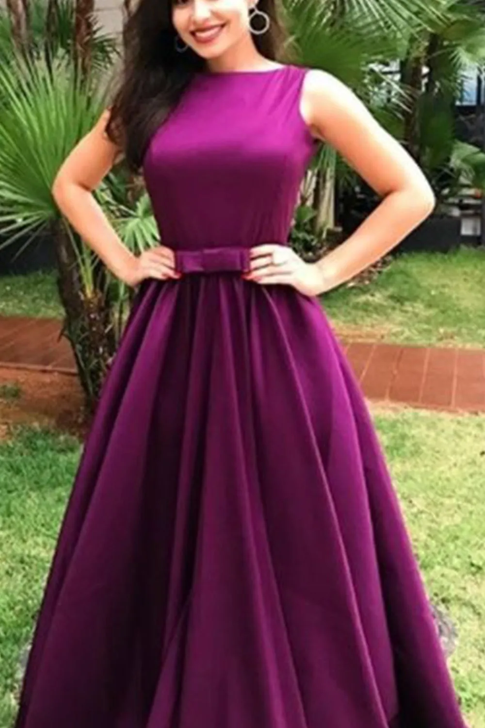 MACloth Straps A Line Satin Long Prom Dress Eggplant Formal Evening Gown with Open Back