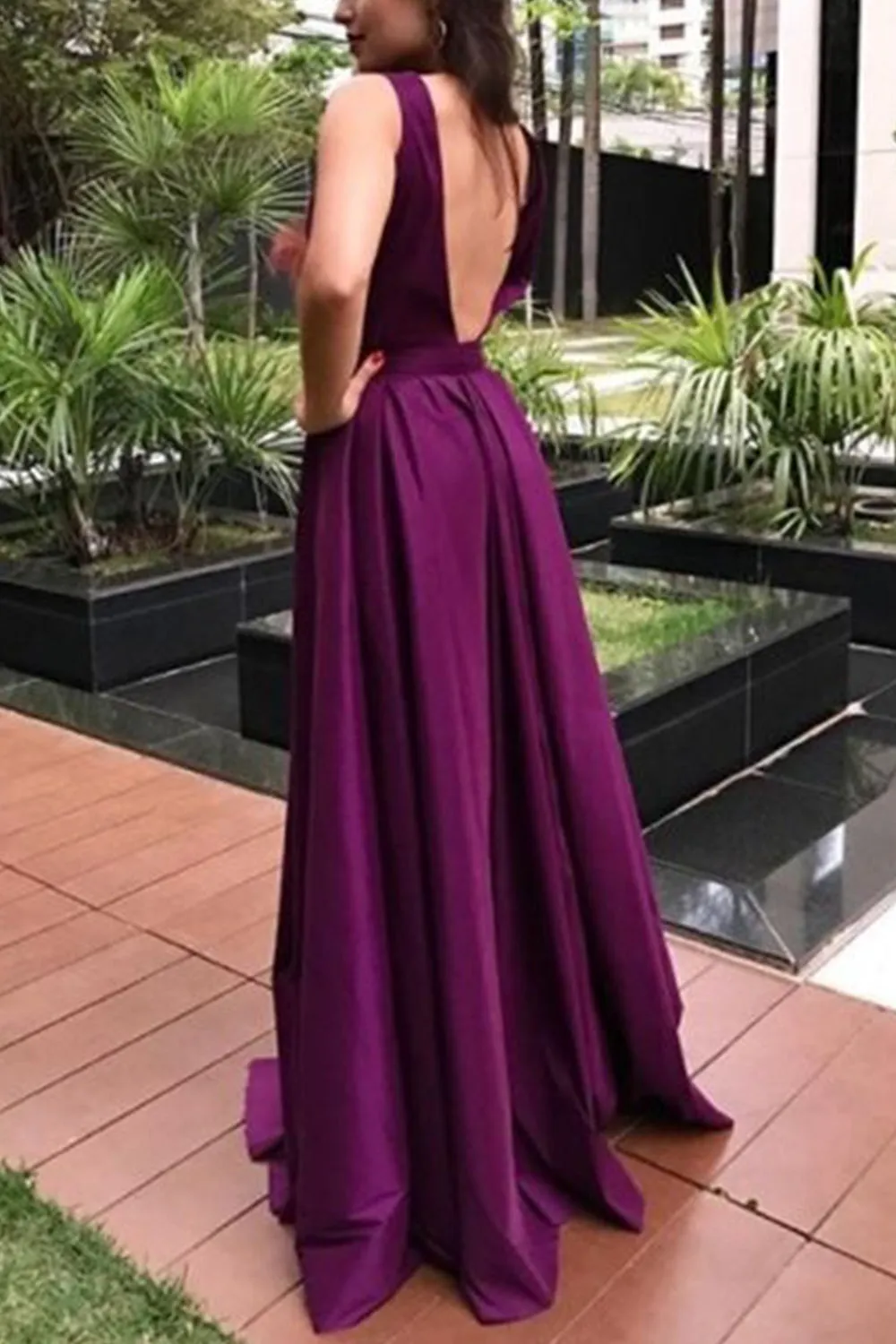 MACloth Straps A Line Satin Long Prom Dress Eggplant Formal Evening Gown with Open Back
