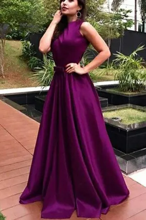 MACloth Straps A Line Satin Long Prom Dress Eggplant Formal Evening Gown with Open Back