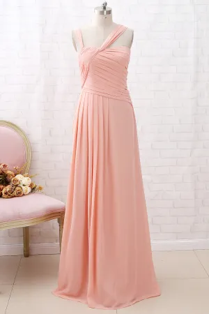 MACloth Straps Chiffon Long Bridesmaid Dress Coral Formal Wedding Party Dress
