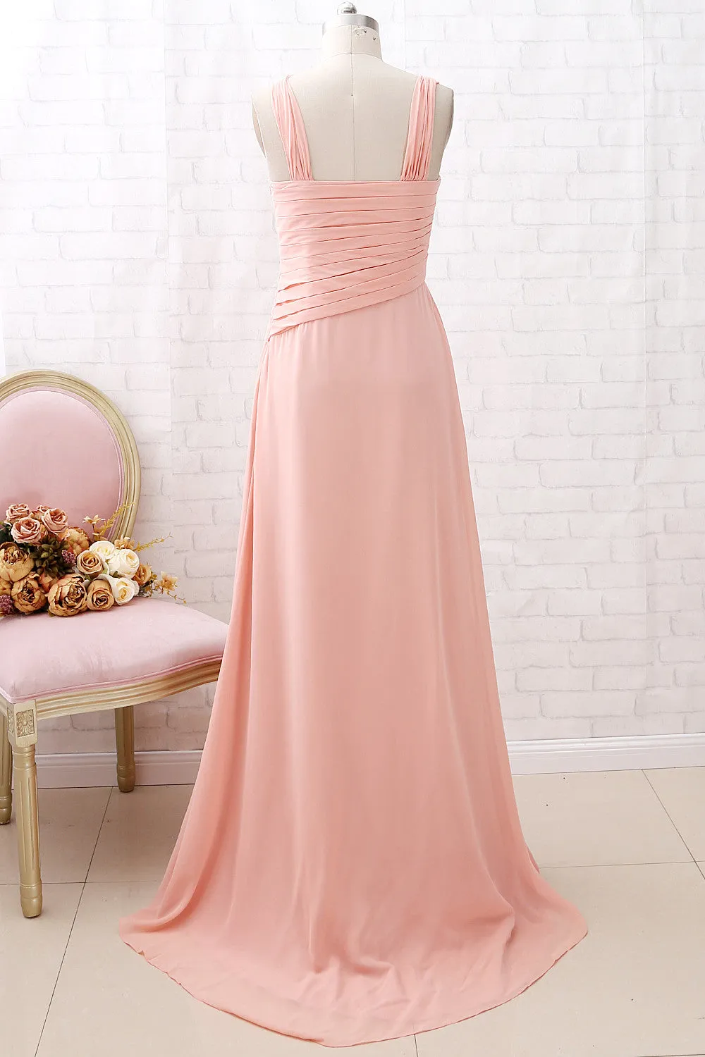 MACloth Straps Chiffon Long Bridesmaid Dress Coral Formal Wedding Party Dress